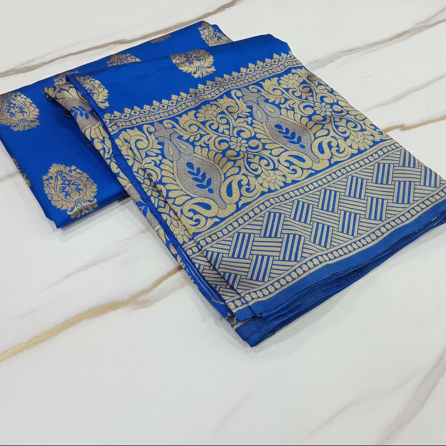 Banarasi Pure Silk Saree with beautiful buttas with pretty gold zari work all over the saree in Royal Blue color with wide gold zari border