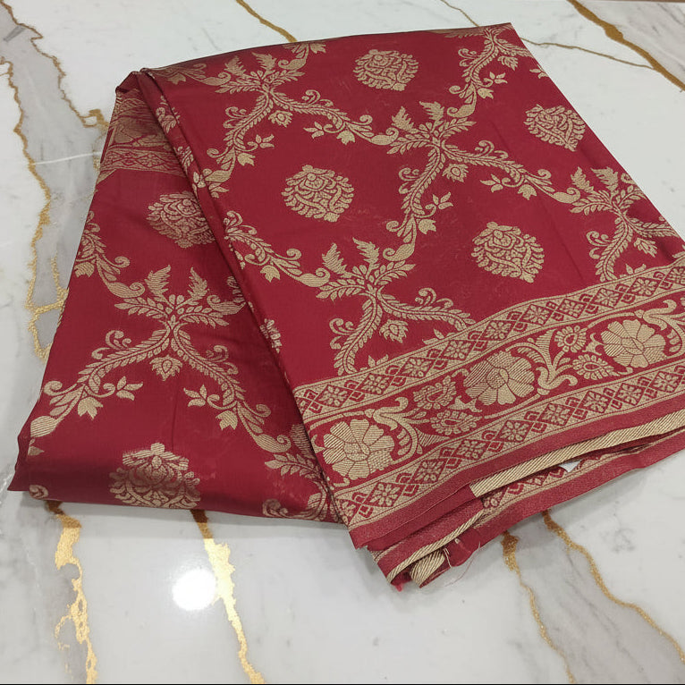 Banarasi Pure Silk Saree with beautiful buttas with pretty gold zari work all over the saree in Dark Red Color