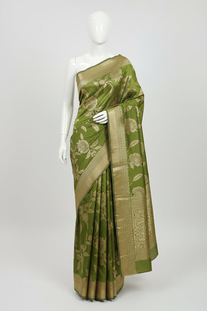 Banarasi Pure Silk Saree with beautiful buttas with pretty gold zari work all over the saree in Light Green Floral Pattern