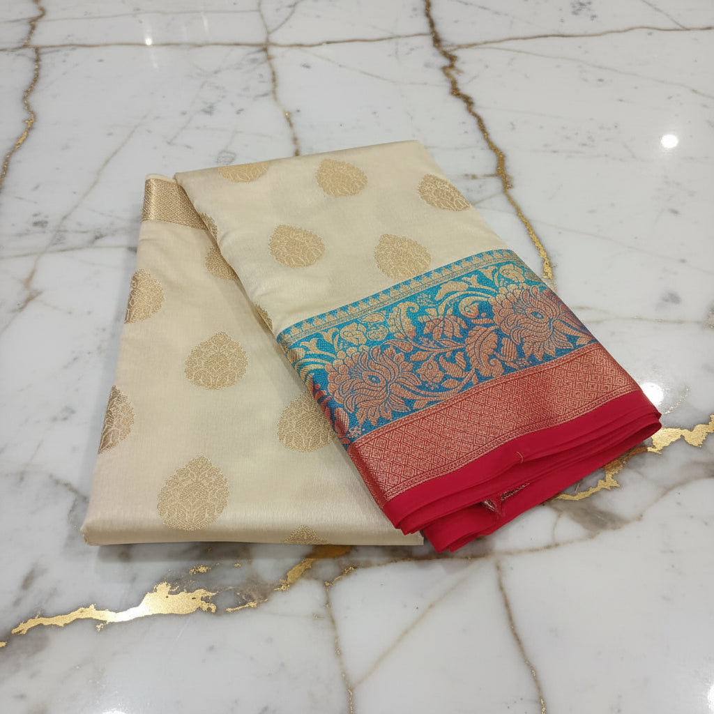 Banarasi Pure Silk Saree with beautiful buttas with pretty gold zari work all over the saree in Light Cream Color with blue red contrast
