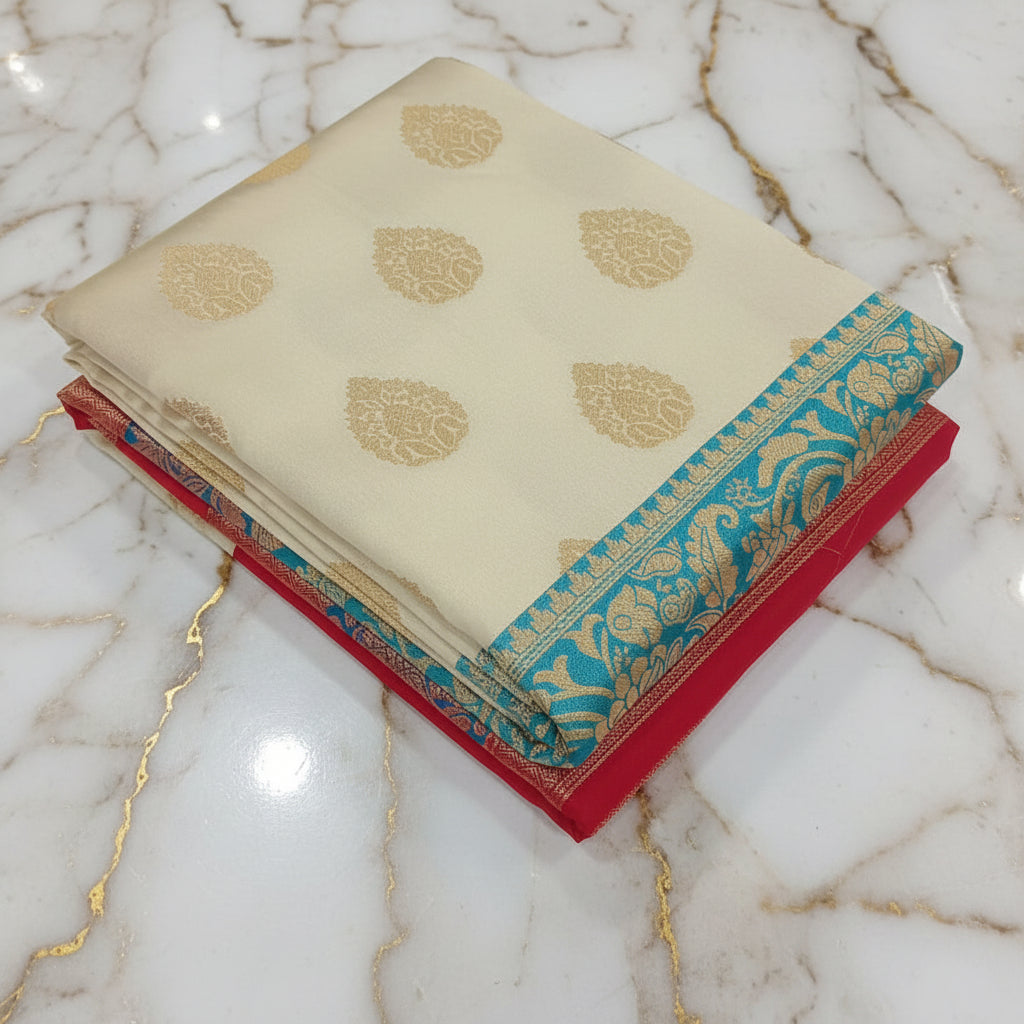 Banarasi Pure Silk Saree with beautiful buttas with pretty gold zari work all over the saree in Light Cream Color with blue red contrast