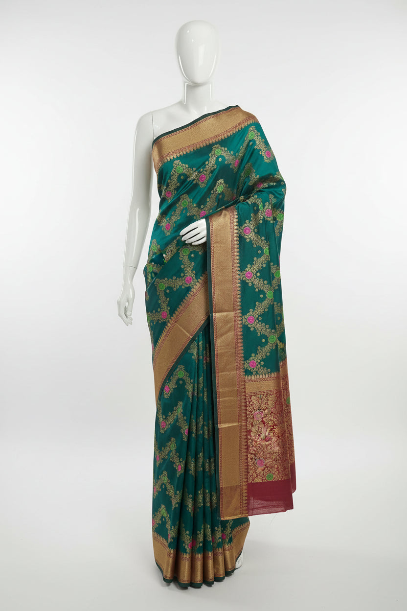Banarasi Pure Silk Saree with beautiful buttas with pretty gold zari work all over the saree in Green Color with maroon border