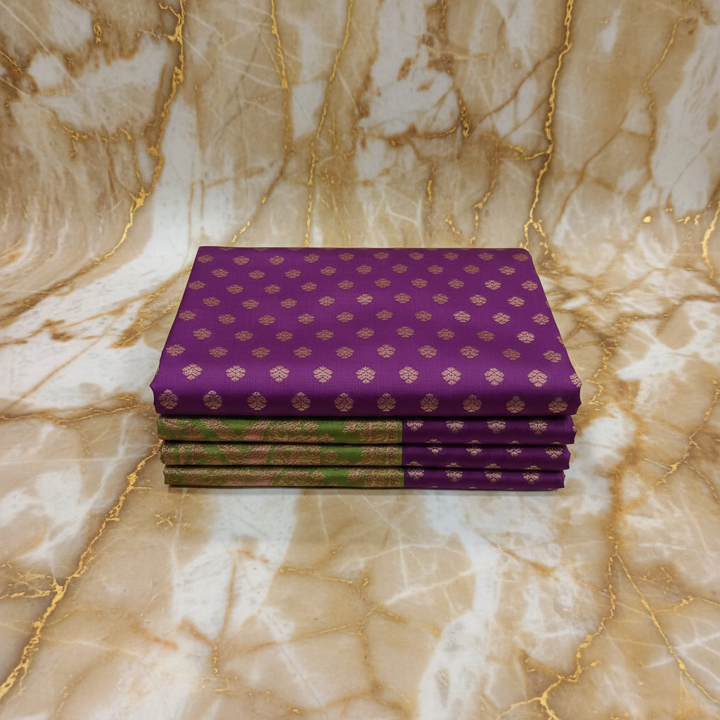 Banarasi Pure Silk Saree with luxurious Gold Zari Floral Buttas all over the saree and Pallu in Purple Color Green Contrast and Rose gold Zari