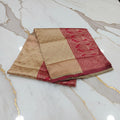 Banarasi Pure Silk Saree with luxurious Gold Zari Floral Buttas all over the saree and Pallu in Sandalwood Color Contrast Maroon and Rose gold Zari