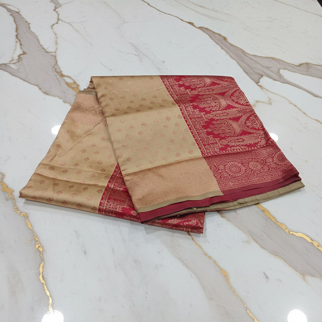 Banarasi Pure Silk Saree with luxurious Gold Zari Floral Buttas all over the saree and Pallu in Sandalwood Color Contrast Maroon and Rose gold Zari