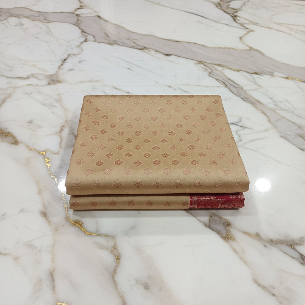 Banarasi Pure Silk Saree with luxurious Gold Zari Floral Buttas all over the saree and Pallu in Sandalwood Color Contrast Maroon and Rose gold Zari