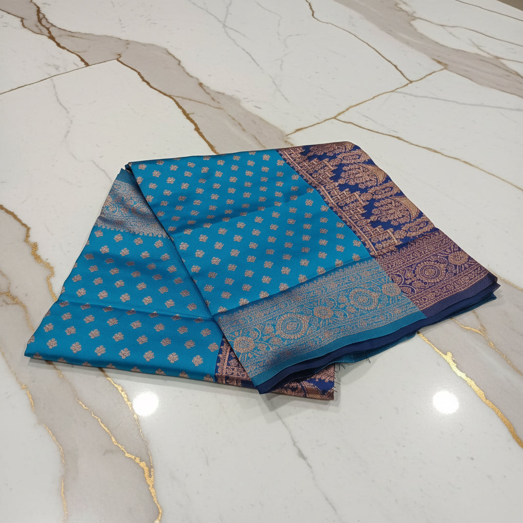 Banarasi Pure Silk Saree with luxurious Gold Zari Floral Buttas all over the saree and Pallu in Royal Blue Color Contrast Navy Blue and Rose gold Zari