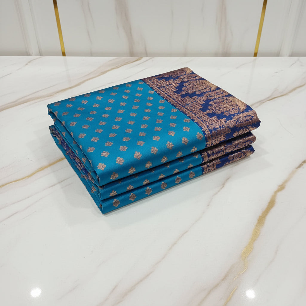 Banarasi Pure Silk Saree with luxurious Gold Zari Floral Buttas all over the saree and Pallu in Royal Blue Color Contrast Navy Blue and Rose gold Zari