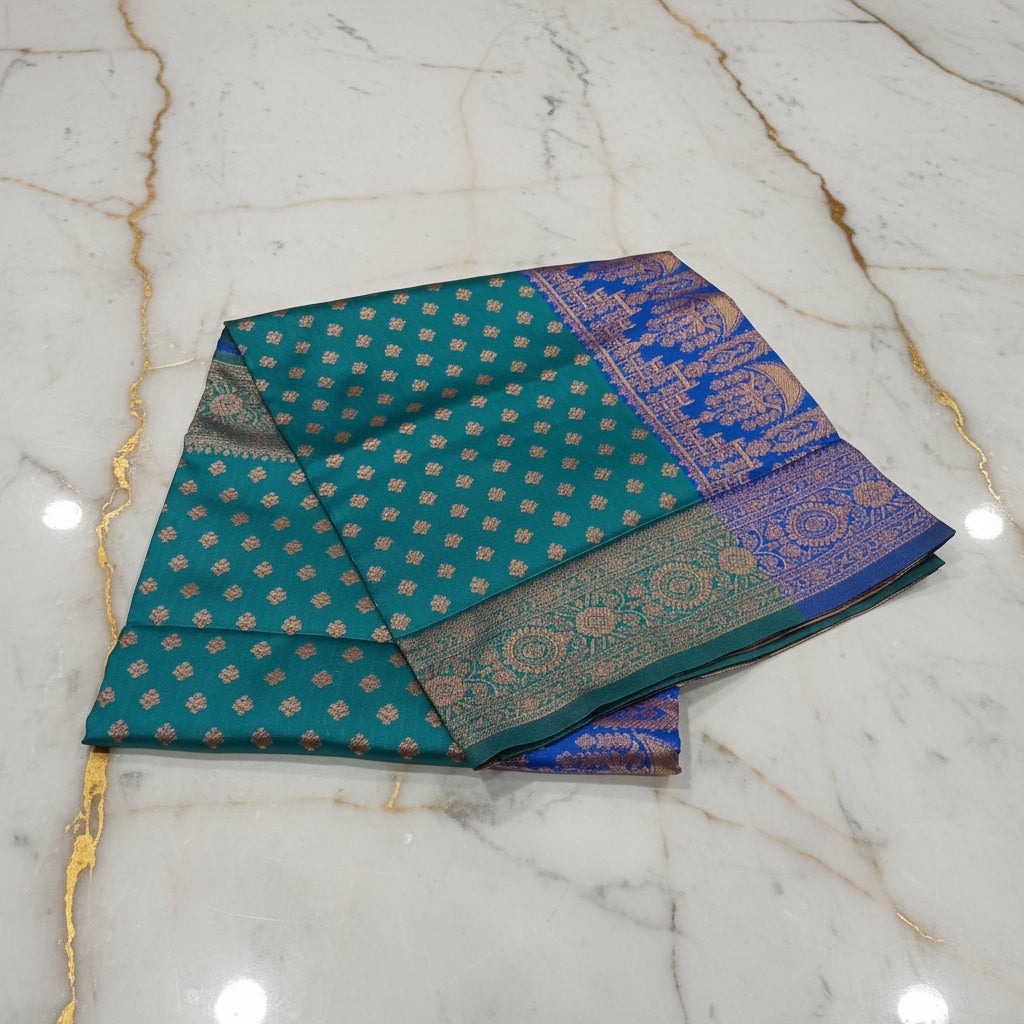 Banarasi Pure Silk Saree with luxurious Gold Zari Floral Buttas all over the saree and Pallu in Turquoise Green Color Contrast Royal Blue and Rose gold Zari