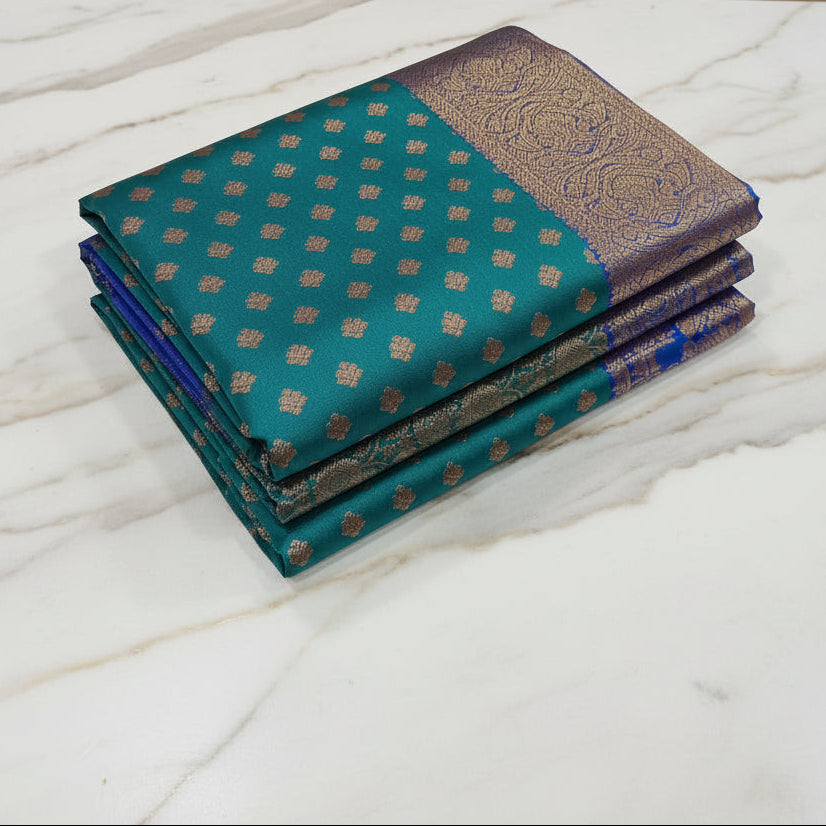 Banarasi Pure Silk Saree with luxurious Gold Zari Floral Buttas all over the saree and Pallu in Turquoise Green Color Contrast Royal Blue and Rose gold Zari