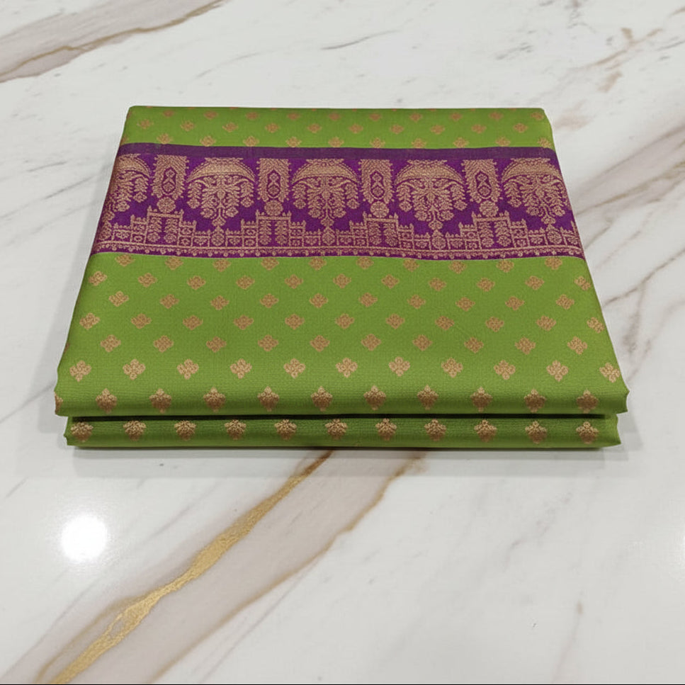 Banarasi Pure Silk Saree with luxurious Gold Zari Floral Buttas all over the saree and Pallu in Light Green Color Contrast Purple and Rose gold Zari