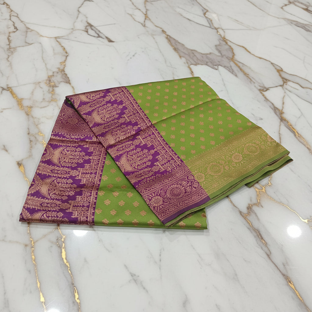 Banarasi Pure Silk Saree with luxurious Gold Zari Floral Buttas all over the saree and Pallu in Light Green Color Contrast Purple and Rose gold Zari