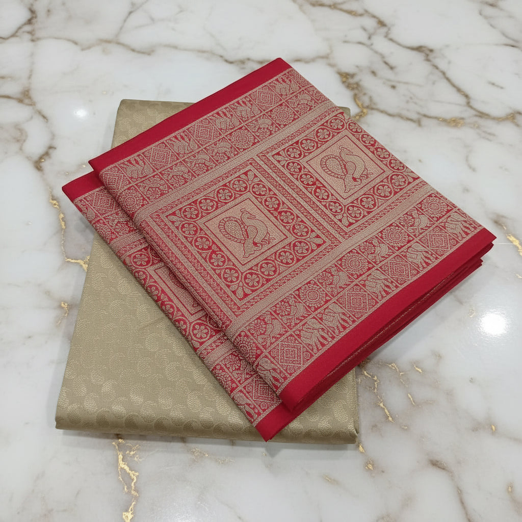 Banarasi Pure Silk Saree with beautiful buttas with pretty gold zari work all over the saree in Sandalwood color with Maroon Red border , wide lower border