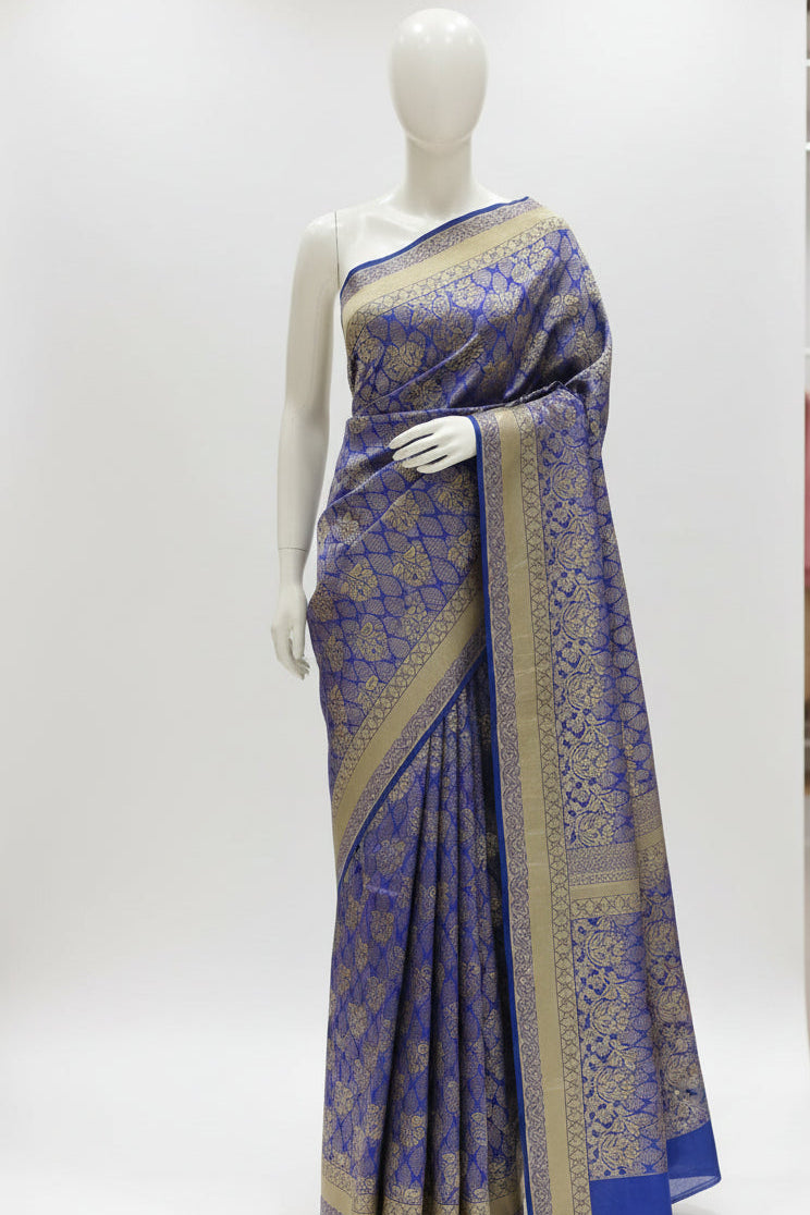 Silk Georgette saree with beautiful buttas , flowy drape elegant light weight Pattu Silk saree in Blue Gold  Color