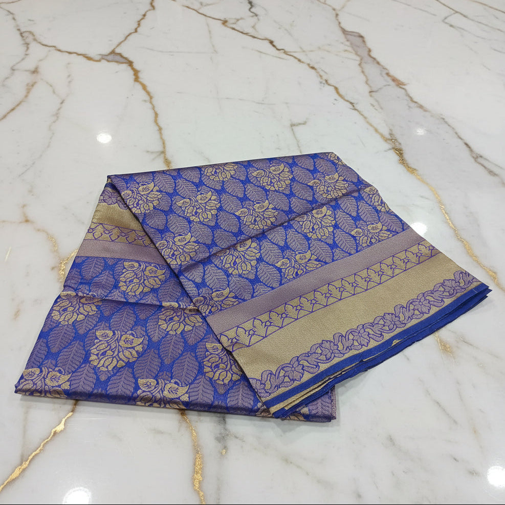 Silk Georgette saree with beautiful buttas , flowy drape elegant light weight Pattu Silk saree in Blue Gold  Color