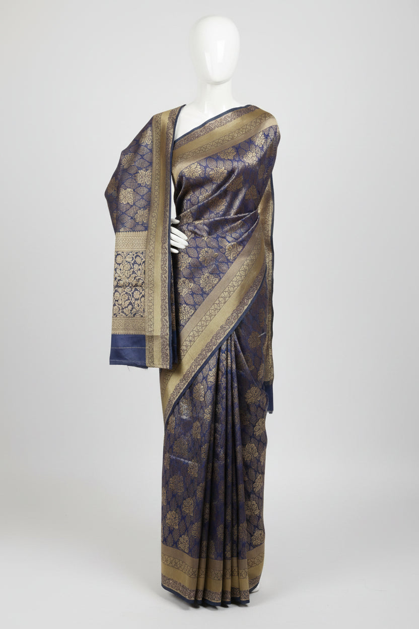 Silk Georgette saree with beautiful buttas , flowy drape elegant light weight Pattu Silk saree in Navy blue color