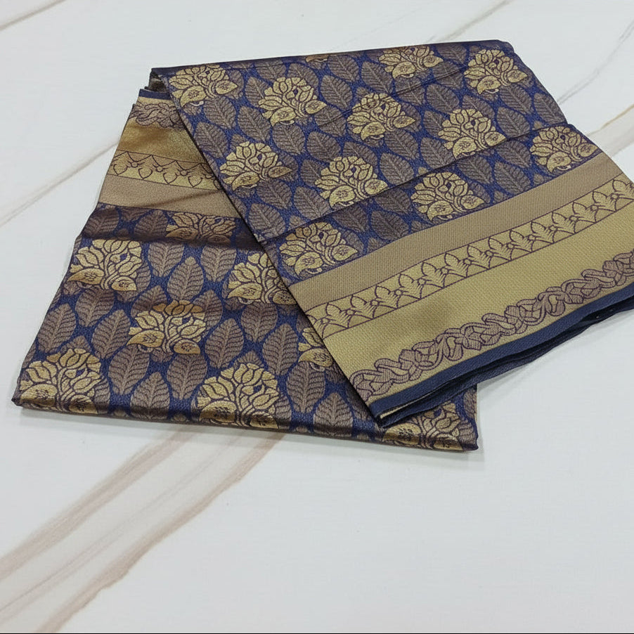 Silk Georgette saree with beautiful buttas , flowy drape elegant light weight Pattu Silk saree in Navy blue color