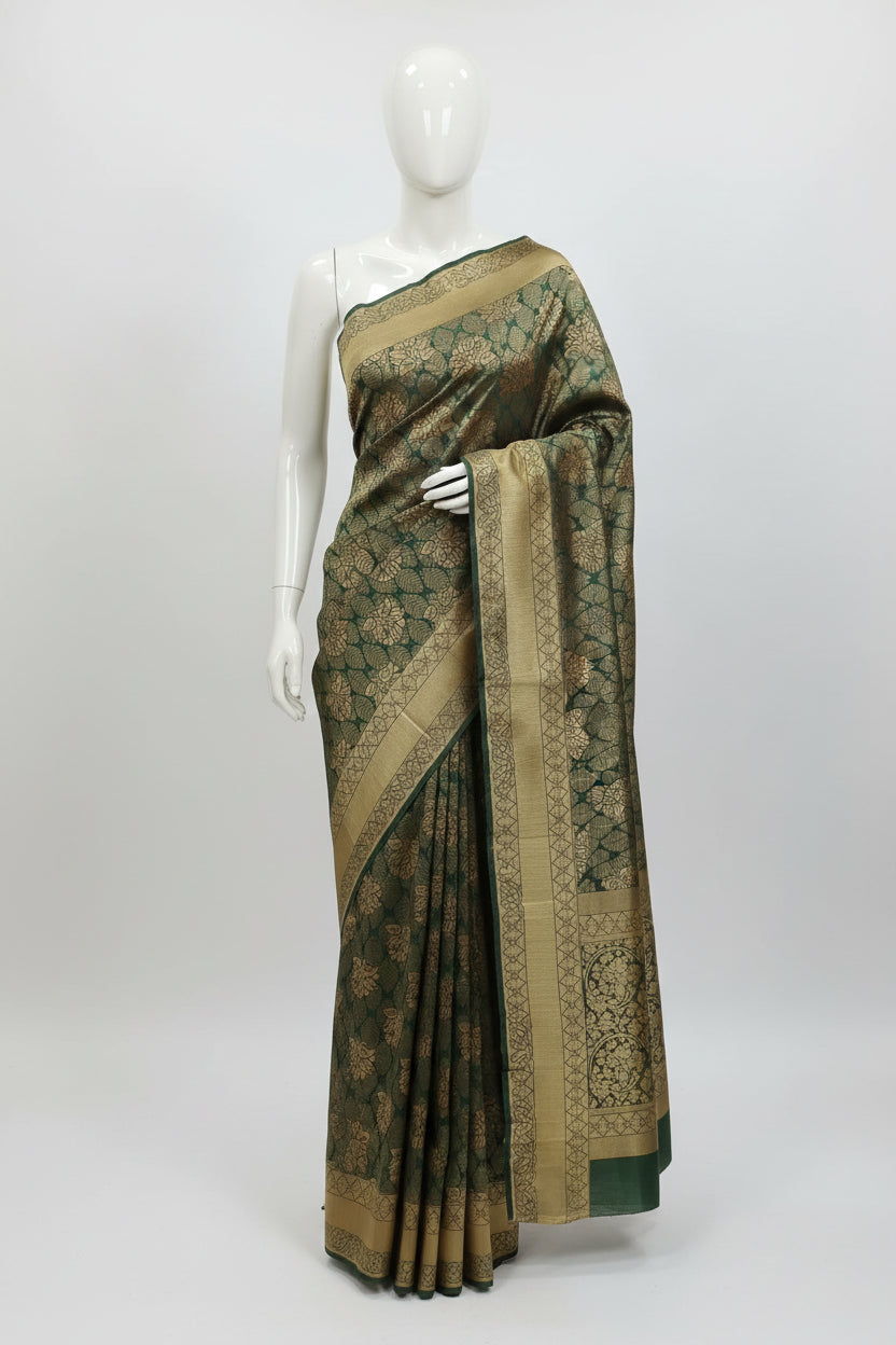 Silk Georgette saree with beautiful buttas , flowy drape elegant light weight Pattu Silk saree in Dark Green Color