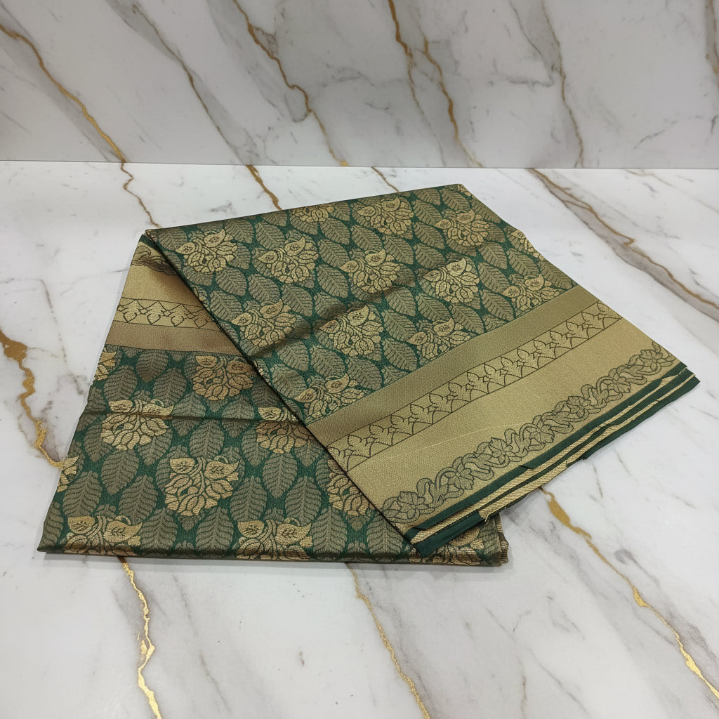 Silk Georgette saree with beautiful buttas , flowy drape elegant light weight Pattu Silk saree in Dark Green Color
