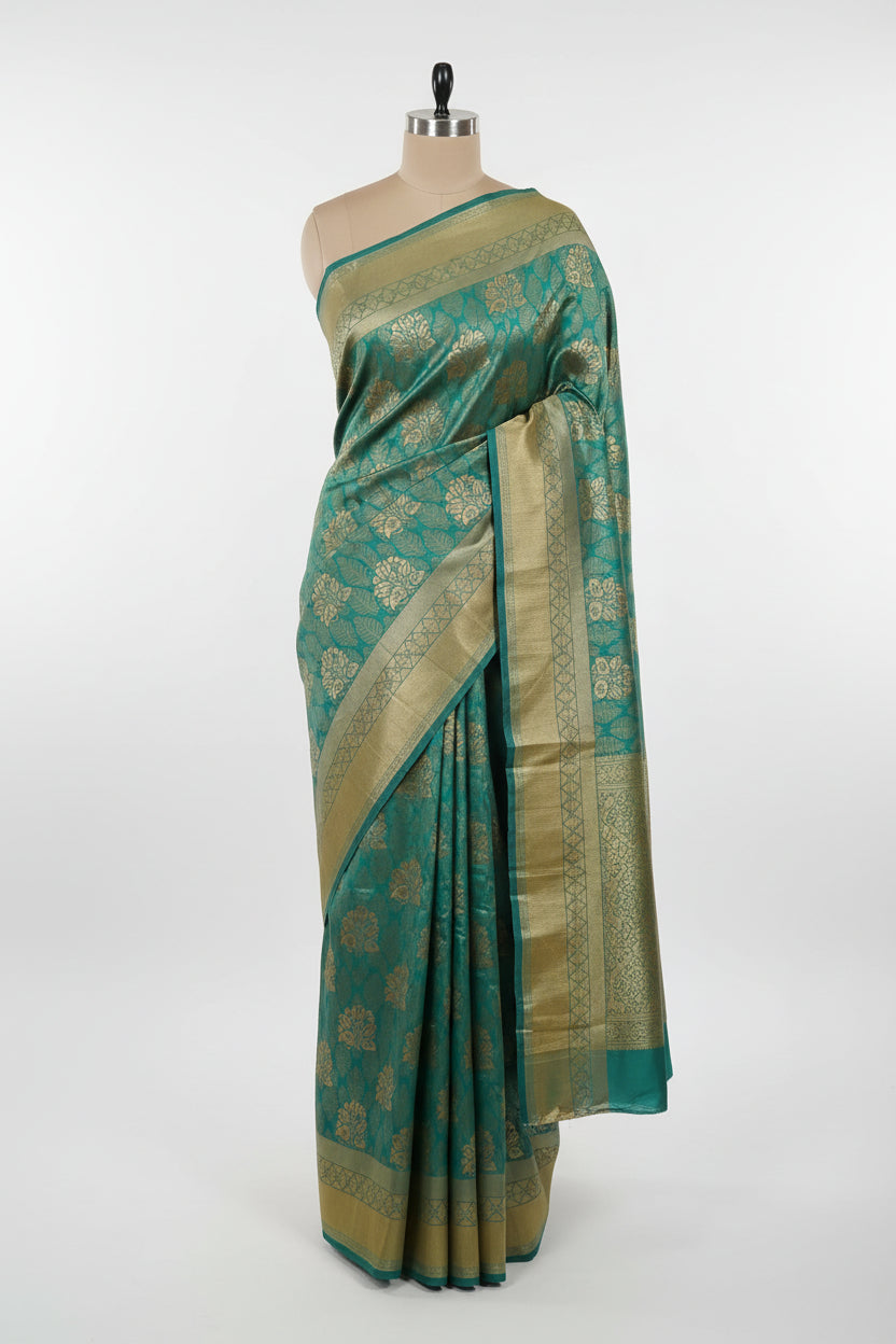 Silk Georgette saree with beautiful buttas , flowy drape elegant light weight Pattu Silk saree in Aqua Green Color