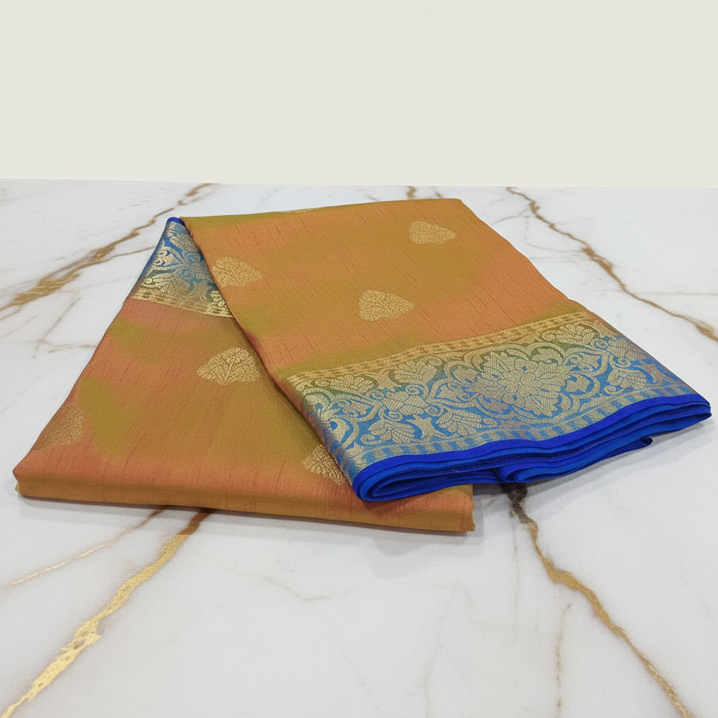 Silk Georgette saree with beautiful buttas , flowy drape elegant light weight Pattu Silk saree in Two tone Orangish green with contrast Blue Color