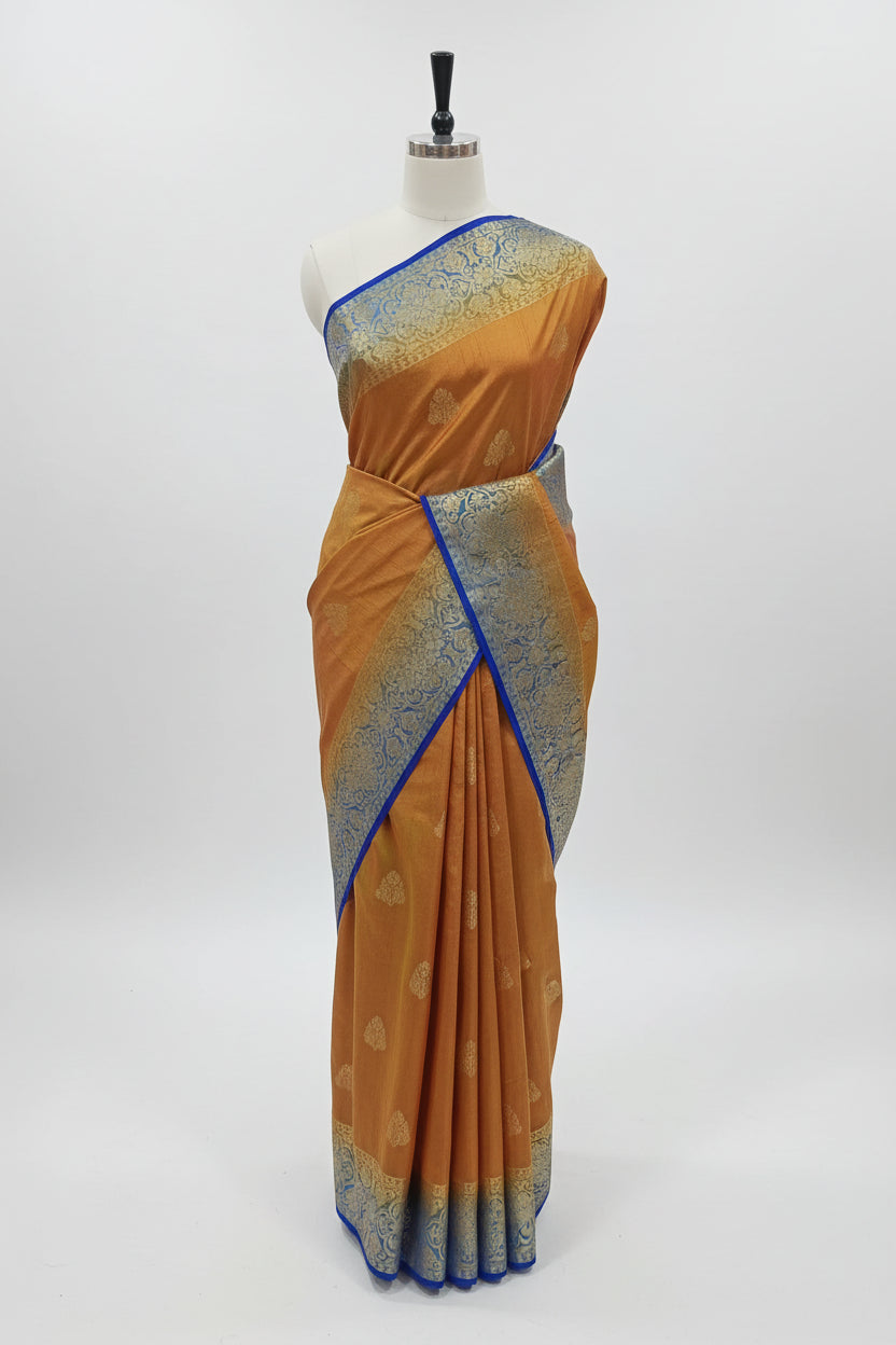 Silk Georgette saree with beautiful buttas , flowy drape elegant light weight Pattu Silk saree in Two tone Orangish green with contrast Blue Color