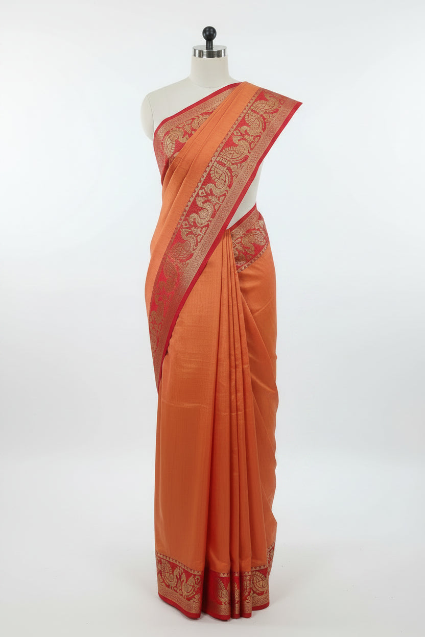 Silk Georgette saree with beautiful buttas , flowy drape elegant light weight Pattu Silk saree in Orange color with red contrast border