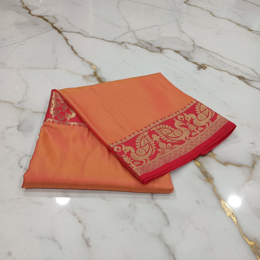 Silk Georgette saree with beautiful buttas , flowy drape elegant light weight Pattu Silk saree in Orange color with red contrast border