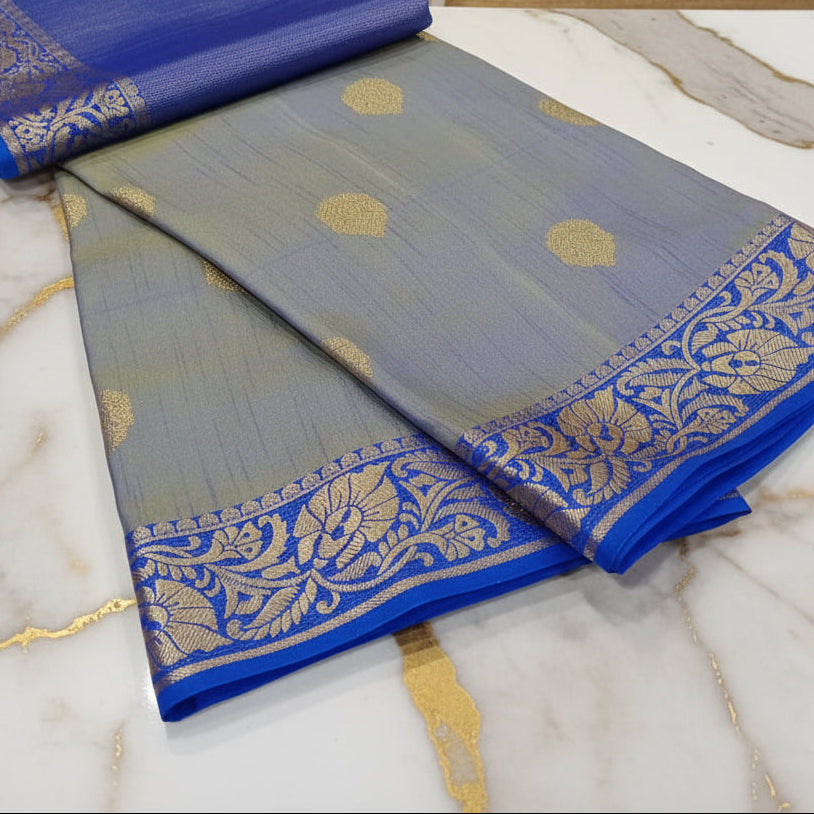 Silk Georgette saree with beautiful buttas , flowy drape elegant light weight Pattu Silk saree in Two tone Bluish Blue color