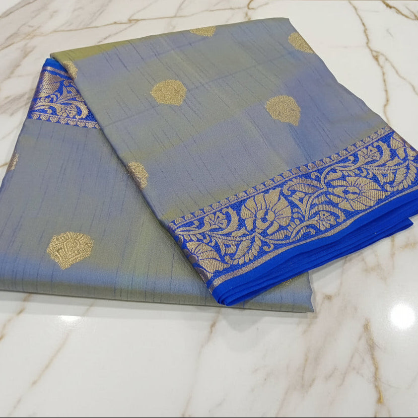 Silk Georgette saree with beautiful buttas , flowy drape elegant light weight Pattu Silk saree in Two tone Bluish Blue color