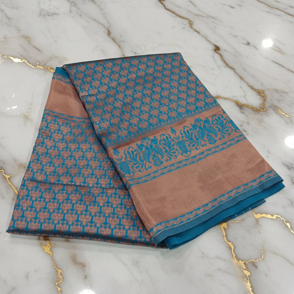 Silk Georgette saree with beautiful buttas , flowy drape elegant light weight Pattu Silk saree in Dark Aqua Blue color