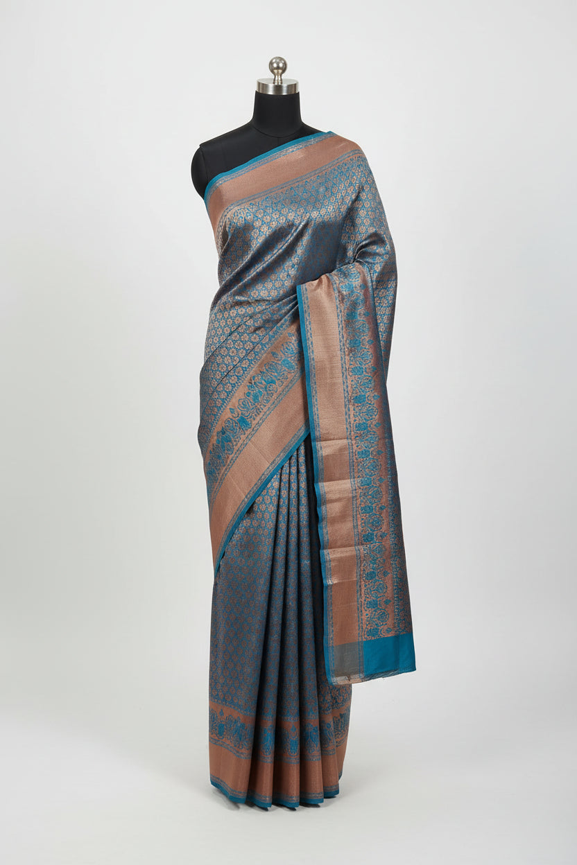 Silk Georgette saree with beautiful buttas , flowy drape elegant light weight Pattu Silk saree in Dark Aqua Blue color