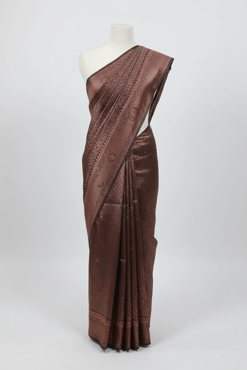 Silk Georgette saree with beautiful buttas , flowy drape elegant light weight Pattu Silk saree in Dark green shade with Rose Gold Zari