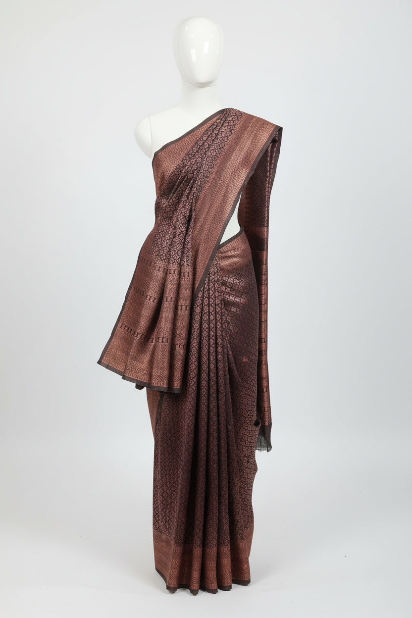 Silk Georgette saree with beautiful buttas , flowy drape elegant light weight Pattu Silk saree in Dark Green Rose Gold Color Zari