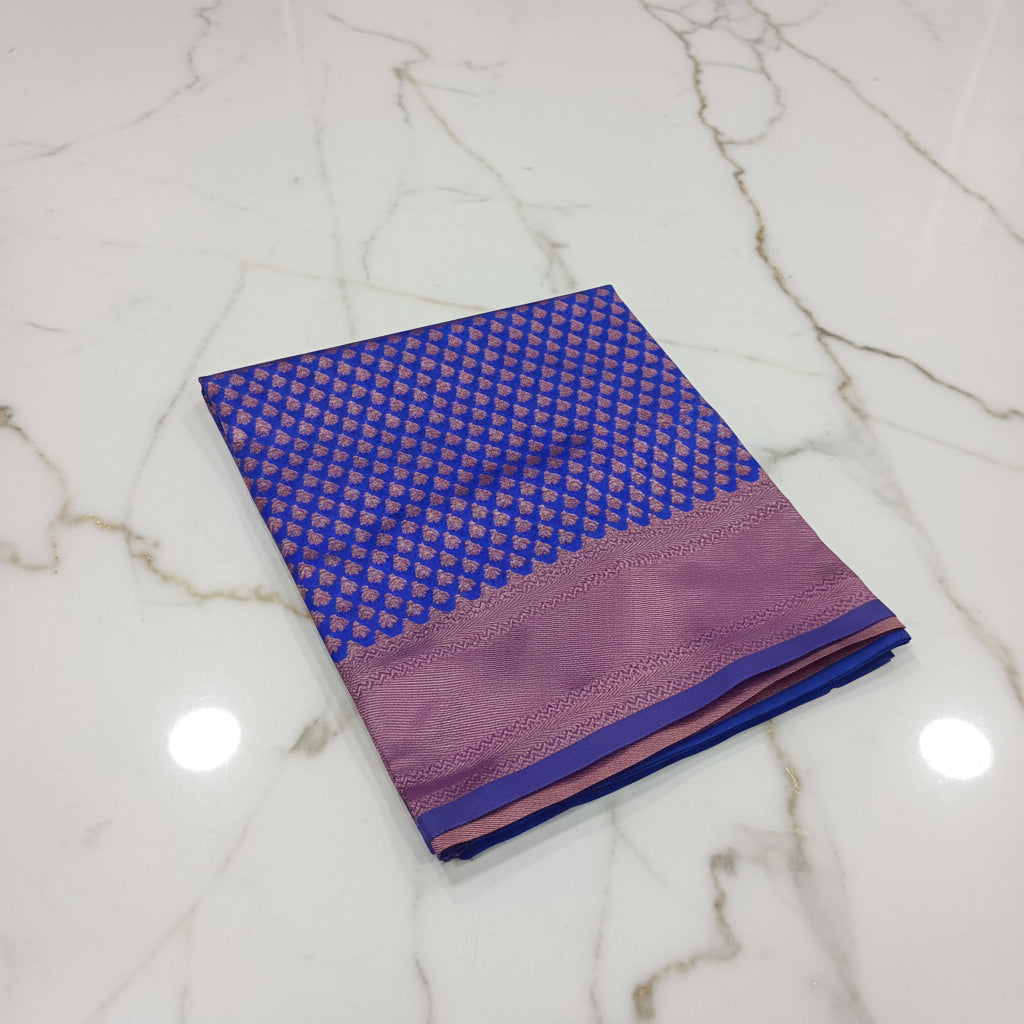 Silk Georgette saree with beautiful buttas , flowy drape elegant light weight Pattu Silk saree in Royal Blue Rose Gold Color