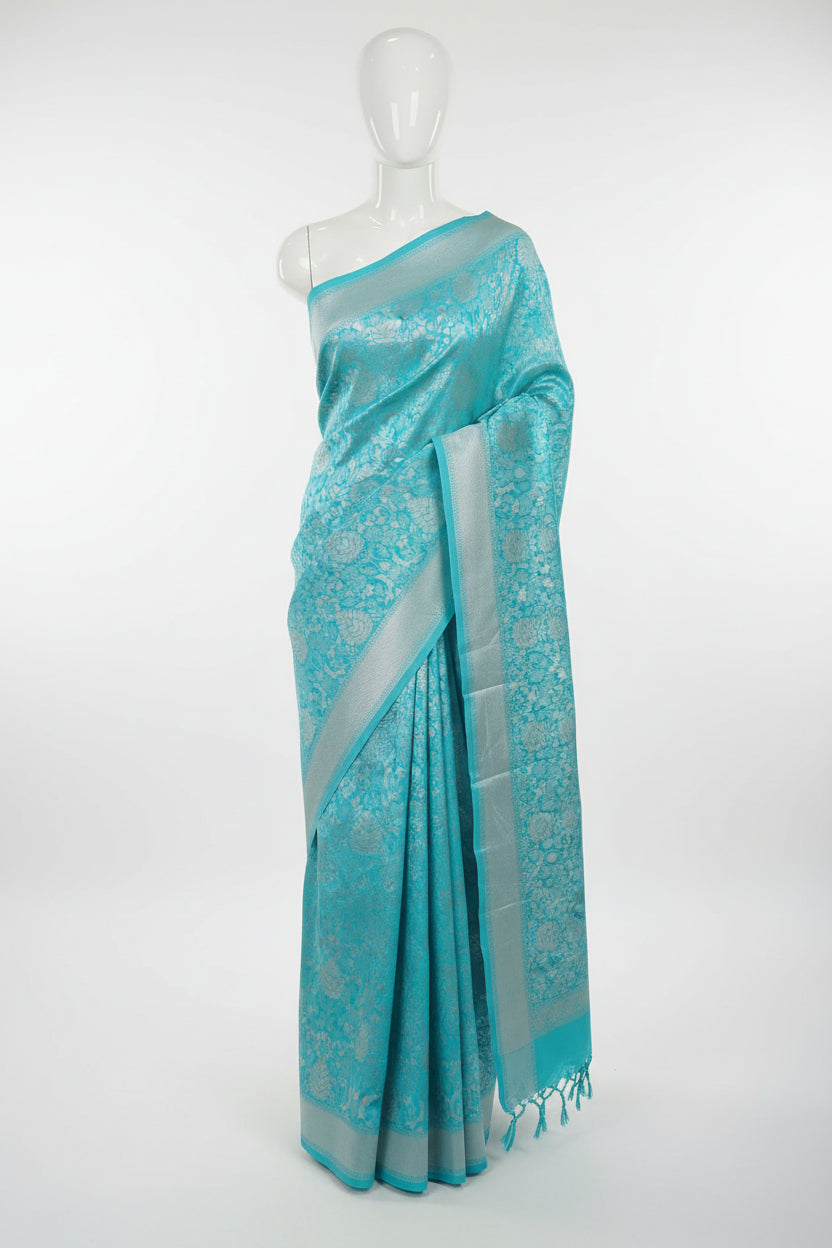 Silk Georgette saree with beautiful buttas , flowy drape elegant light weight Pattu Silk saree in Sky Blue color with silver zari