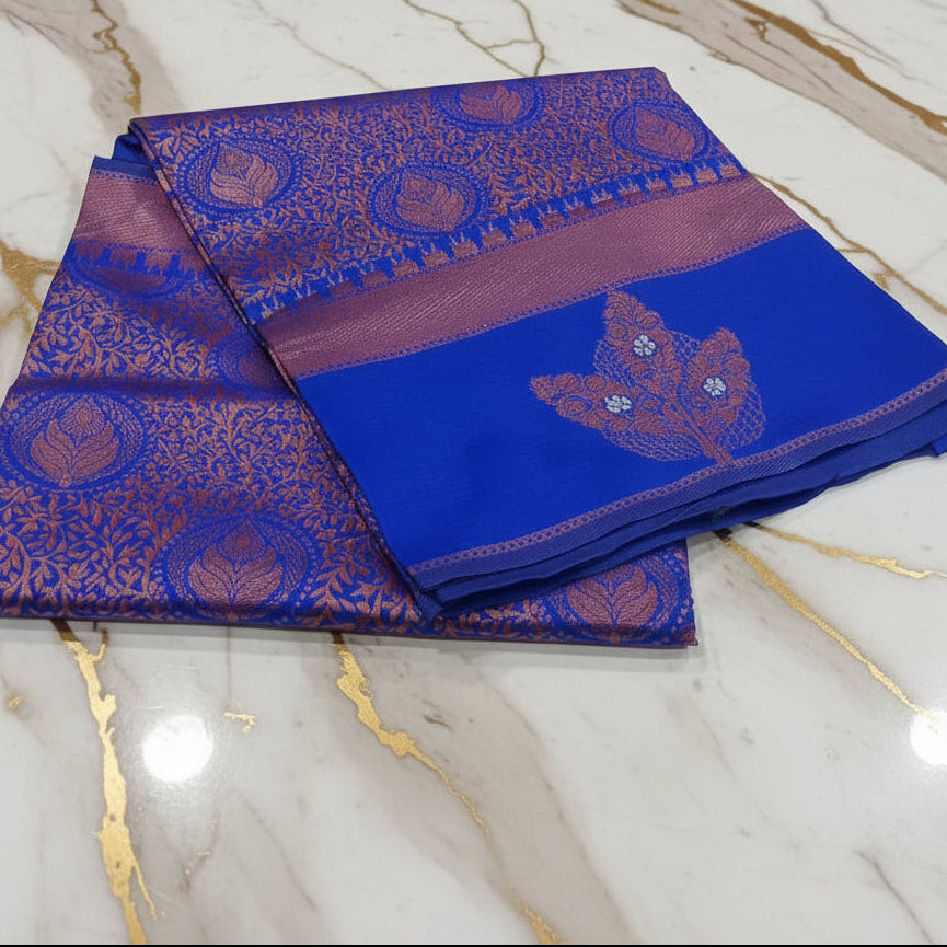 Silk Georgette saree with beautiful buttas , flowy drape elegant light weight Pattu Silk saree in Royal Blue color with Rose Gold Zari