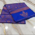 Silk Georgette saree with beautiful buttas , flowy drape elegant light weight Pattu Silk saree in Royal Blue color with Rose Gold Zari