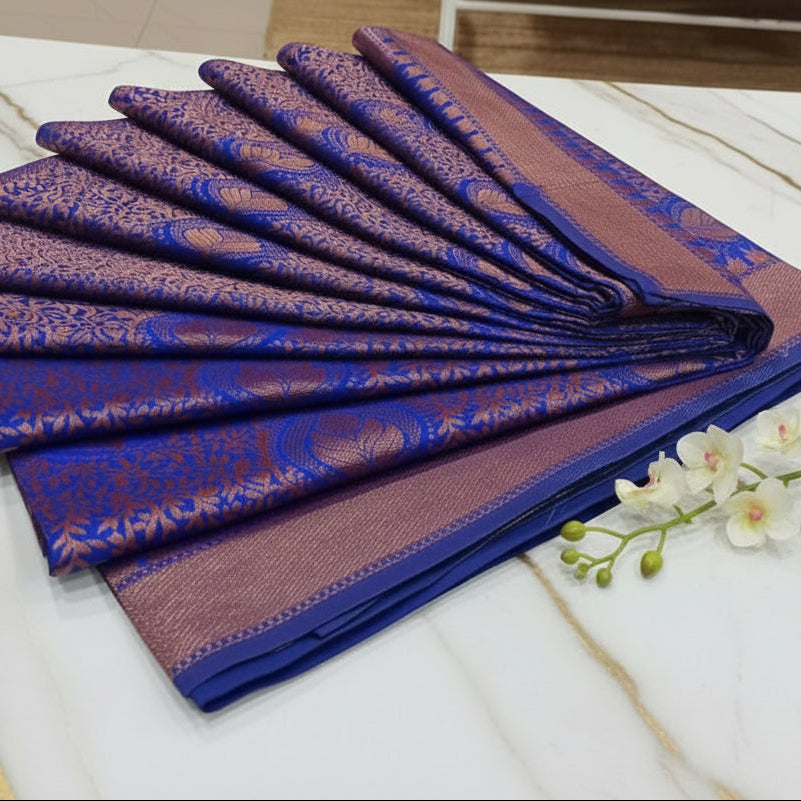 Silk Georgette saree with beautiful buttas , flowy drape elegant light weight Pattu Silk saree in Royal Blue color with Rose Gold Zari