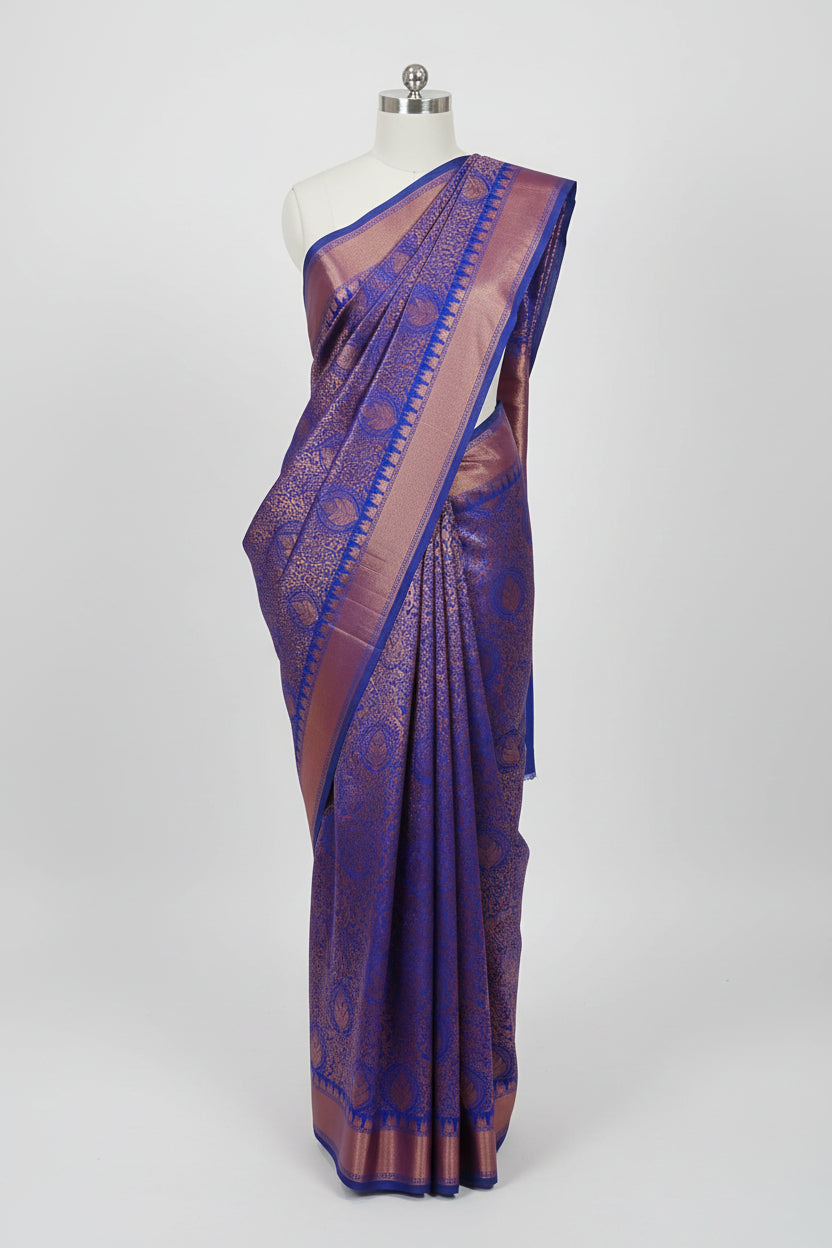 Silk Georgette saree with beautiful buttas , flowy drape elegant light weight Pattu Silk saree in Royal Blue color with Rose Gold Zari