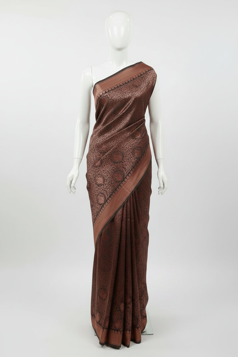Silk Georgette saree with beautiful buttas , flowy drape elegant light weight Pattu Silk saree in Dark Green Color with Rose Gold Zari