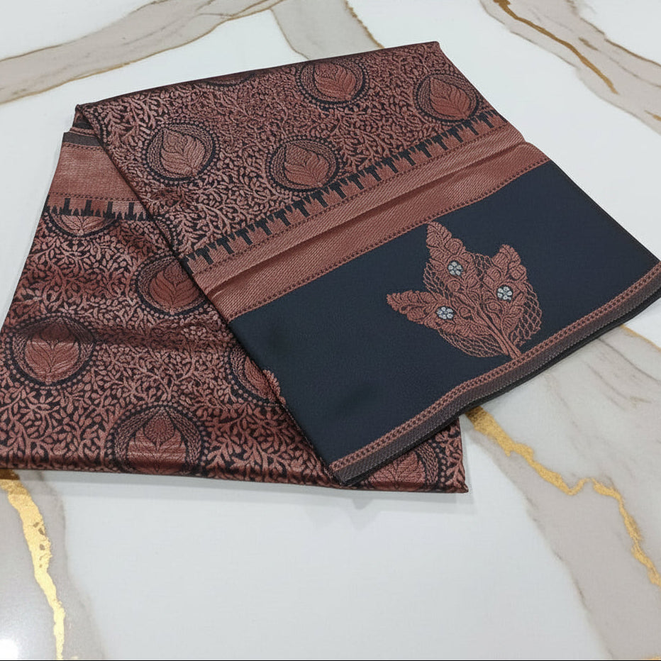 Silk Georgette saree with beautiful buttas , flowy drape elegant light weight Pattu Silk saree in Dark Green Color with Rose Gold Zari