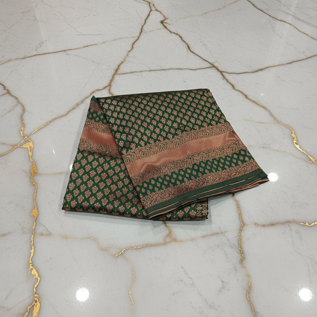 Silk Georgette saree with beautiful buttas , flowy drape elegant light weight Pattu Silk saree in Forest Green Color with Rose Gold Zari