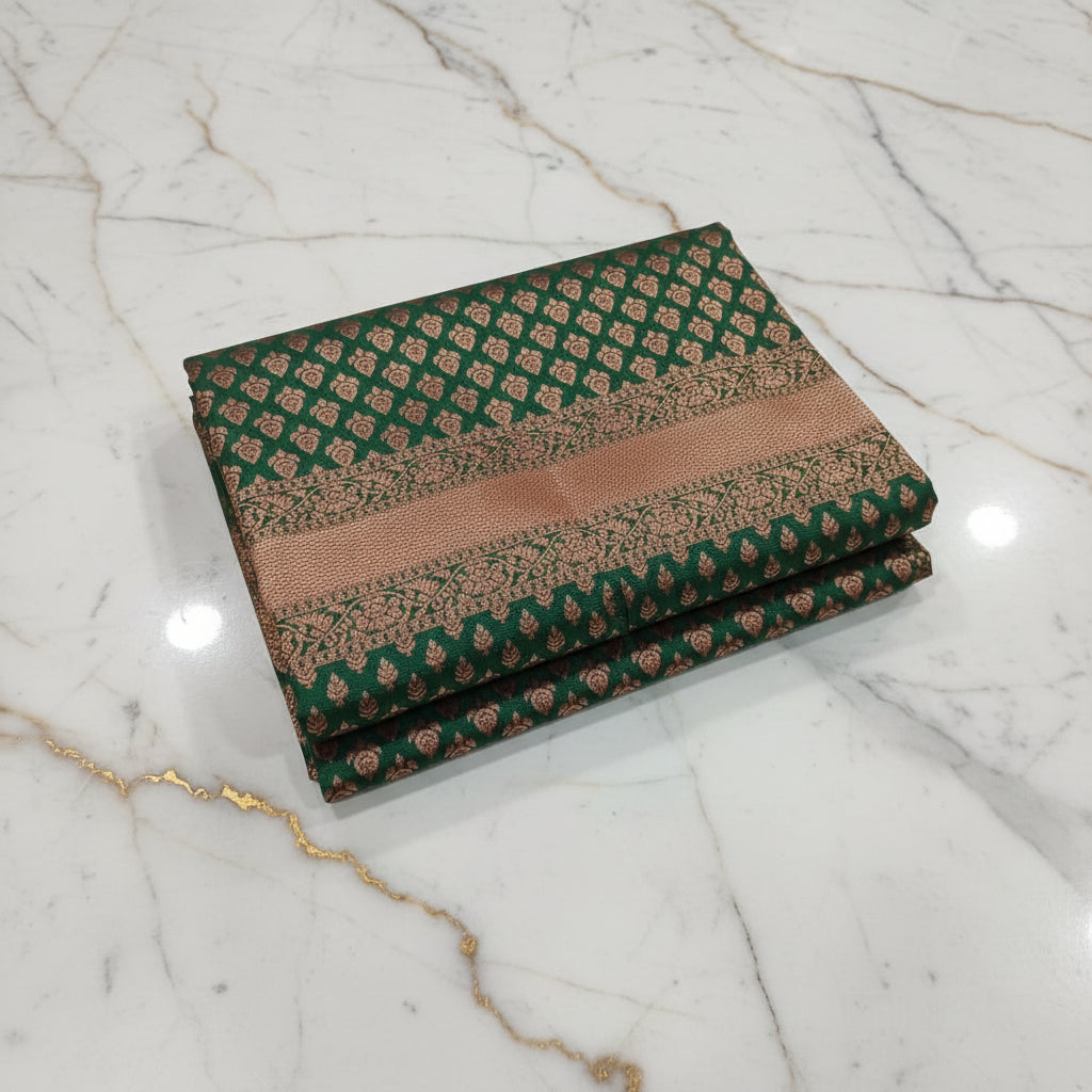Silk Georgette saree with beautiful buttas , flowy drape elegant light weight Pattu Silk saree in Forest Green Color with Rose Gold Zari