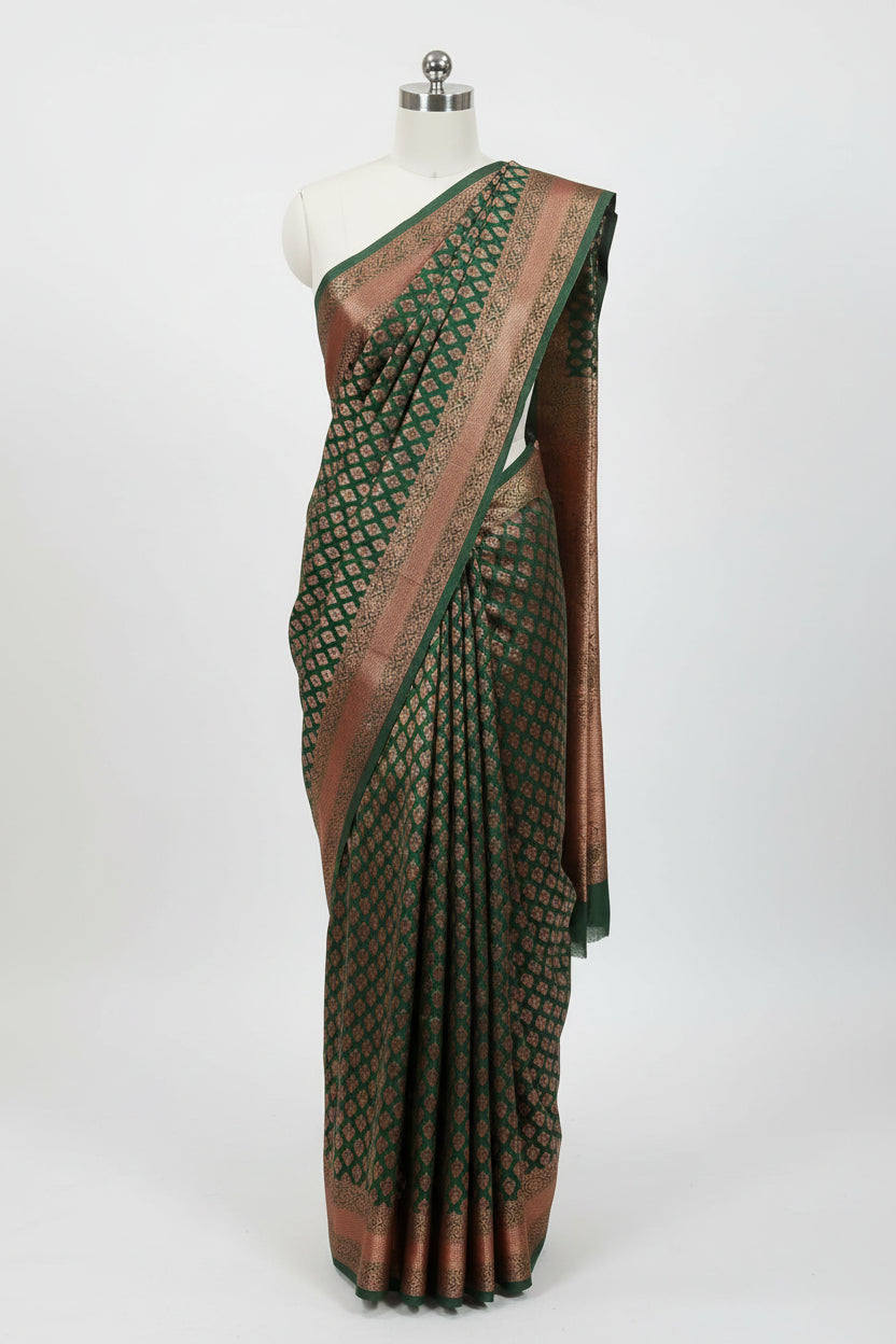 Silk Georgette saree with beautiful buttas , flowy drape elegant light weight Pattu Silk saree in Forest Green Color with Rose Gold Zari
