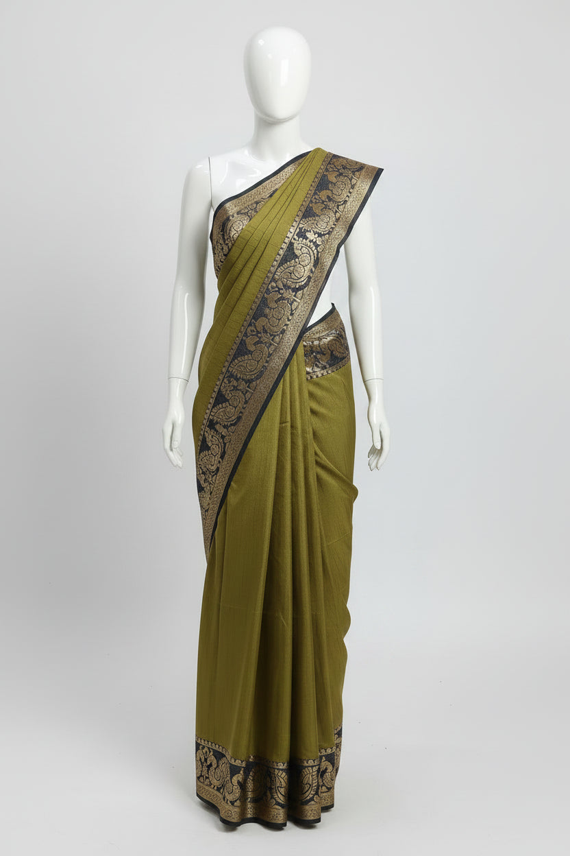 Silk Georgette saree with beautiful buttas , flowy drape elegant light weight Pattu Silk saree in Two tone Greenish Yellow with Black Gold Peacock Border