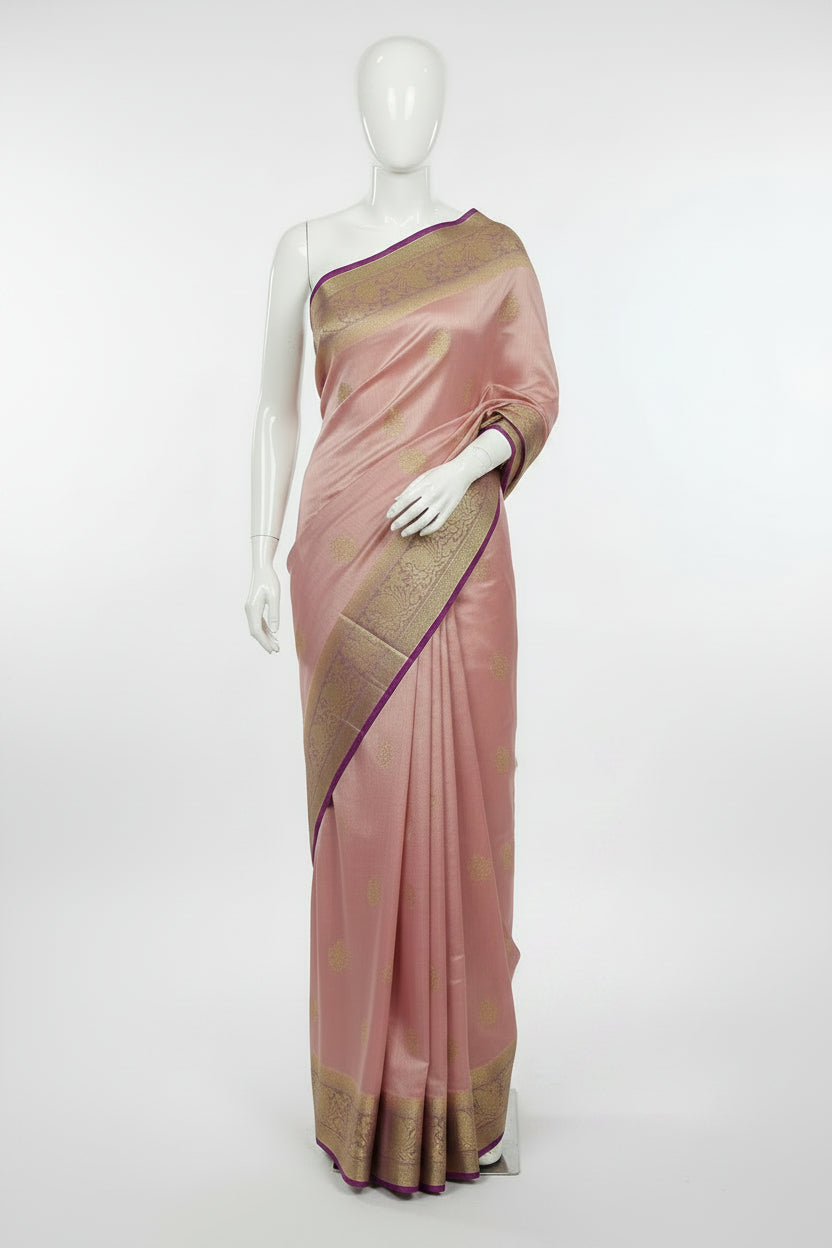 Silk Georgette saree with beautiful buttas , flowy drape elegant light weight Pattu Silk saree in Two tone Pinkish Pink with Purple gold border