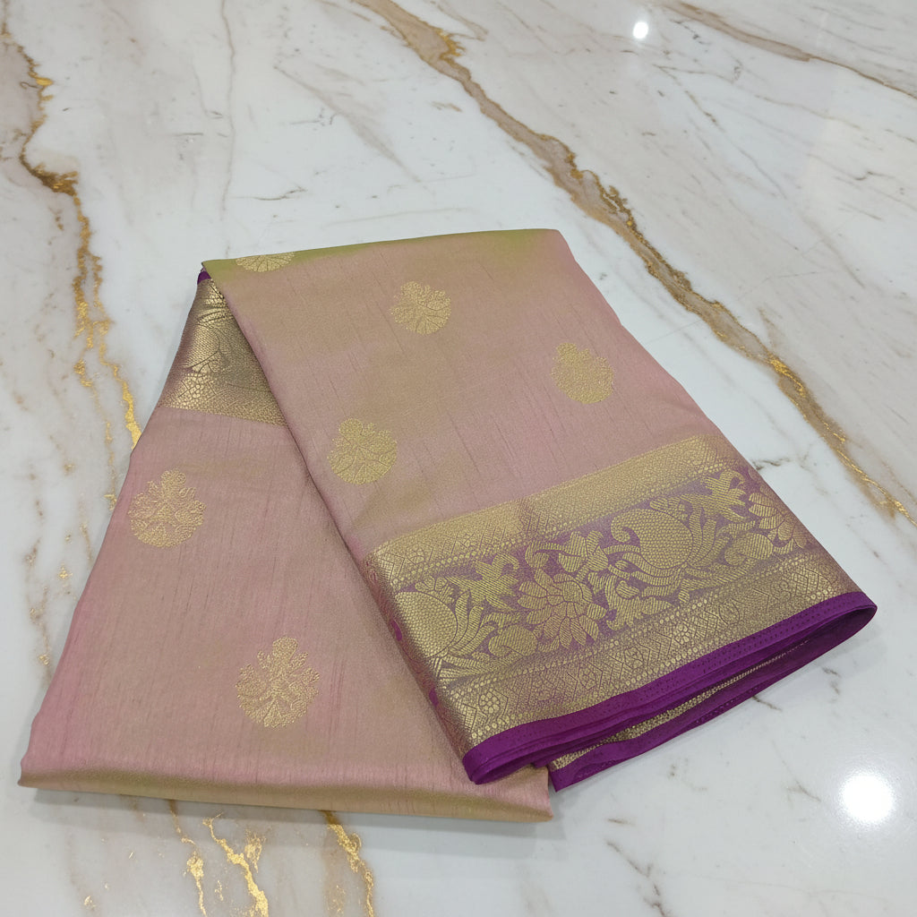 Silk Georgette saree with beautiful buttas , flowy drape elegant light weight Pattu Silk saree in Two tone Pinkish Pink with Purple gold border