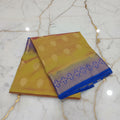 Silk Georgette saree with beautiful buttas , flowy drape elegant light weight Pattu Silk saree in Two tone Greenish Yellow with contrast Blue Gold Border