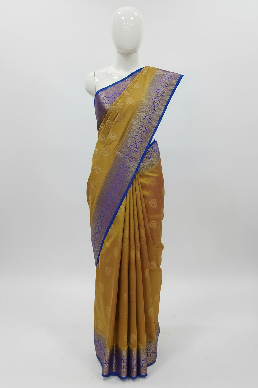 Silk Georgette saree with beautiful buttas , flowy drape elegant light weight Pattu Silk saree in Two tone Greenish Yellow with contrast Blue Gold Border